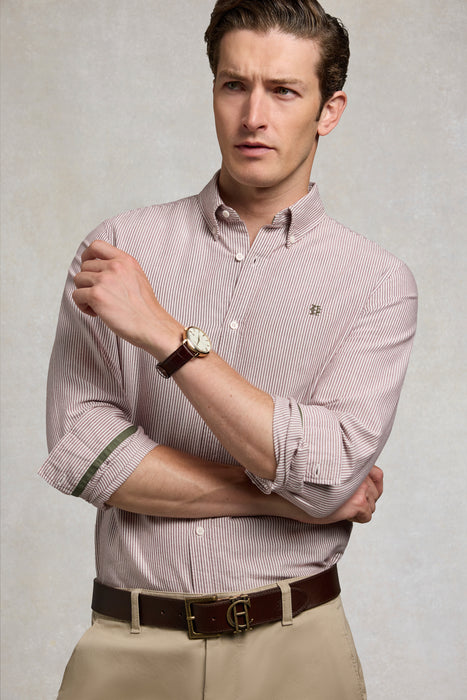 (Holland Cooper) Men's Oxford Shirt - Washed Burgundy Stripe (Men's)
