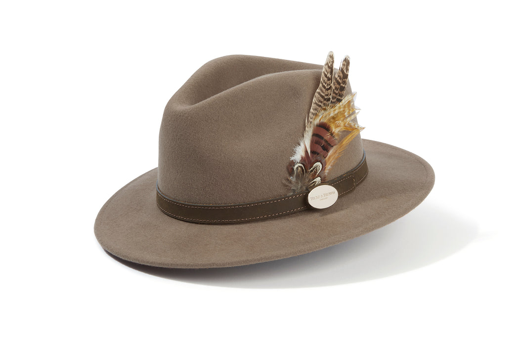 (Hicks & Brown) Suffolk Fedora Hat - Taupe with Bronze Feather (Women's)