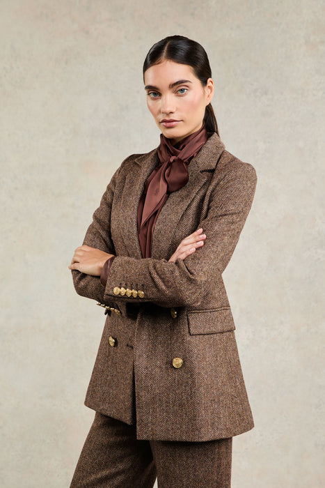 (Holland Cooper) Double Breasted Blazer - Large Brown Herringbone (Women's)