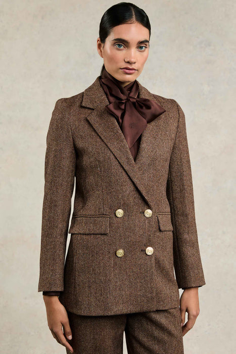 (Holland Cooper) Double Breasted Blazer - Large Brown Herringbone (Women's)
