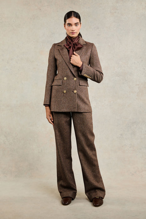 (Holland Cooper) Double Breasted Blazer - Large Brown Herringbone (Women's)