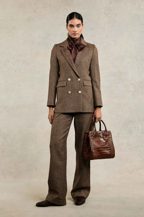 (Holland Cooper) Double Breasted Blazer - Large Brown Herringbone (Women's)