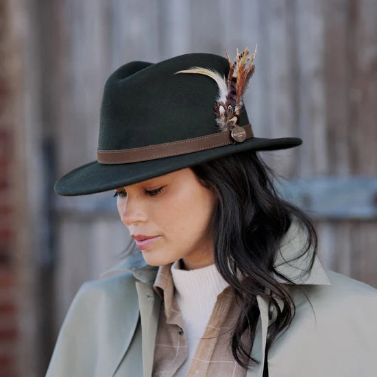 (Hicks & Brown) Suffolk Fedora Hat in Olive Green - Bronze Feather  (Women's)
