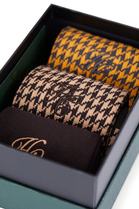 (Holland Cooper) Men's Sock Gift - Chocolate Houndstooth (Men's)