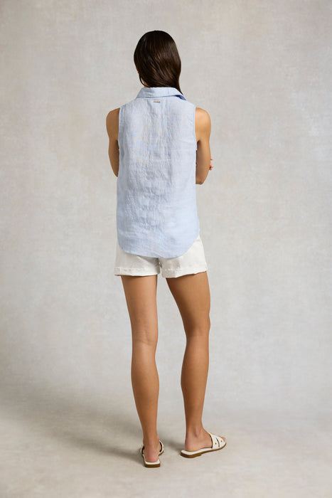 (Holland Cooper) Sleevless Amalfi Linen Shirt - Light Blue (Women's)