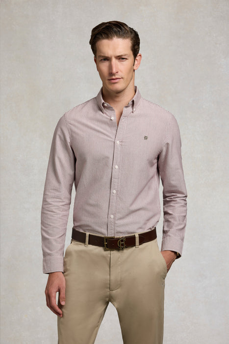 (Holland Cooper) Men's Oxford Shirt - Washed Burgundy Stripe (Men's)