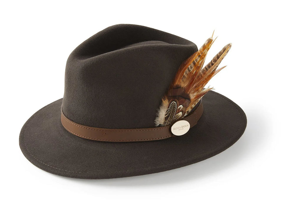 (Hicks & Brown) Suffolk Fedora Hat in Dark Brown - Bronze Feather (Women's)