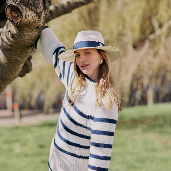 (Hicks & Brown) Hemley Fedora - Cream with Navy Ribbon (Women's)