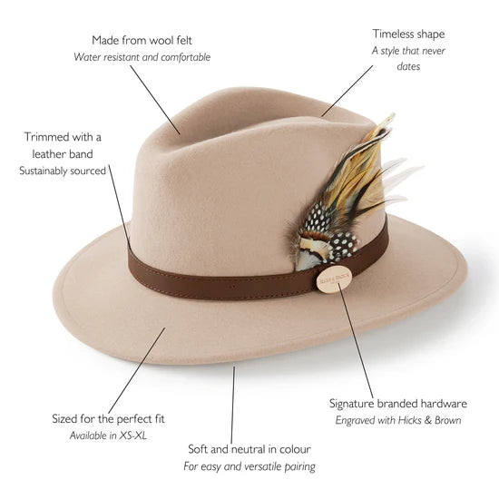 (Hicks & Brown) Suffolk Fedora Hat Fawn Feather - Pebble (Women's)